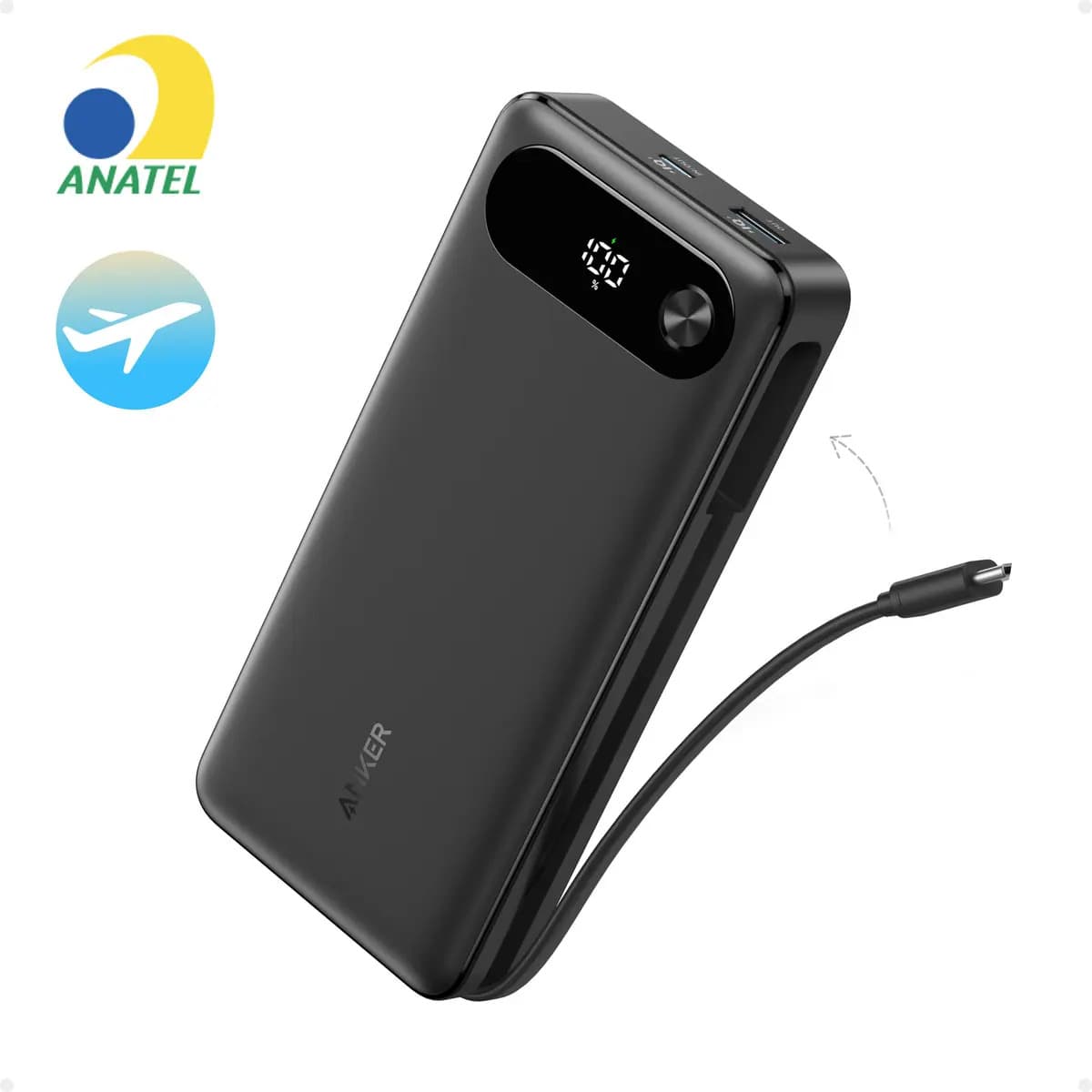 Power Bank Anker 20.000mAh 87W 3 Portas com Cabo USB-C Integrado